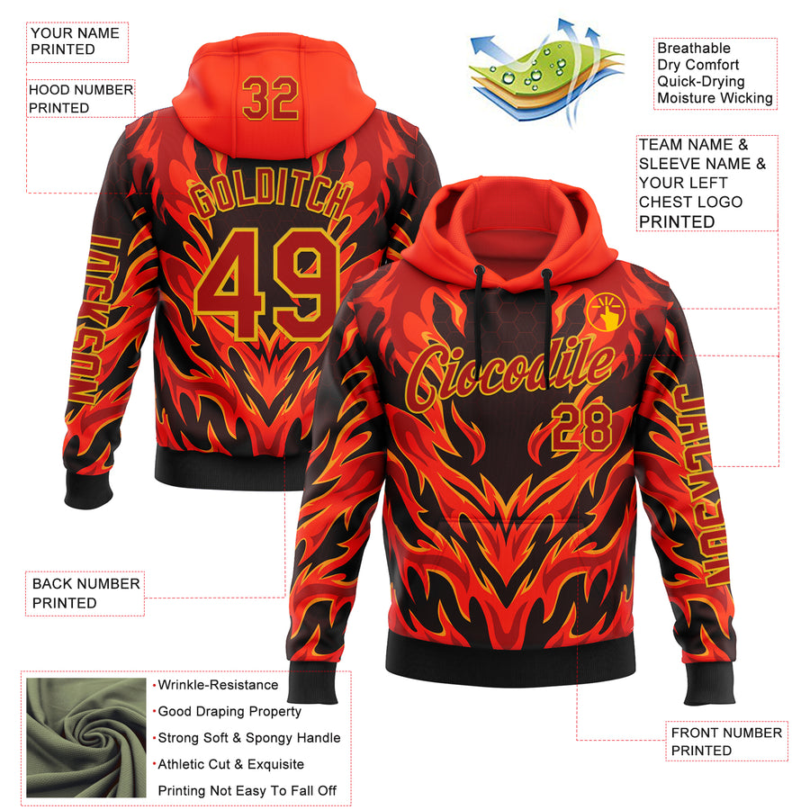 Custom Red Black-Yellow 3D Abstract Flame Sports Pullover Sweatshirt Hoodie
