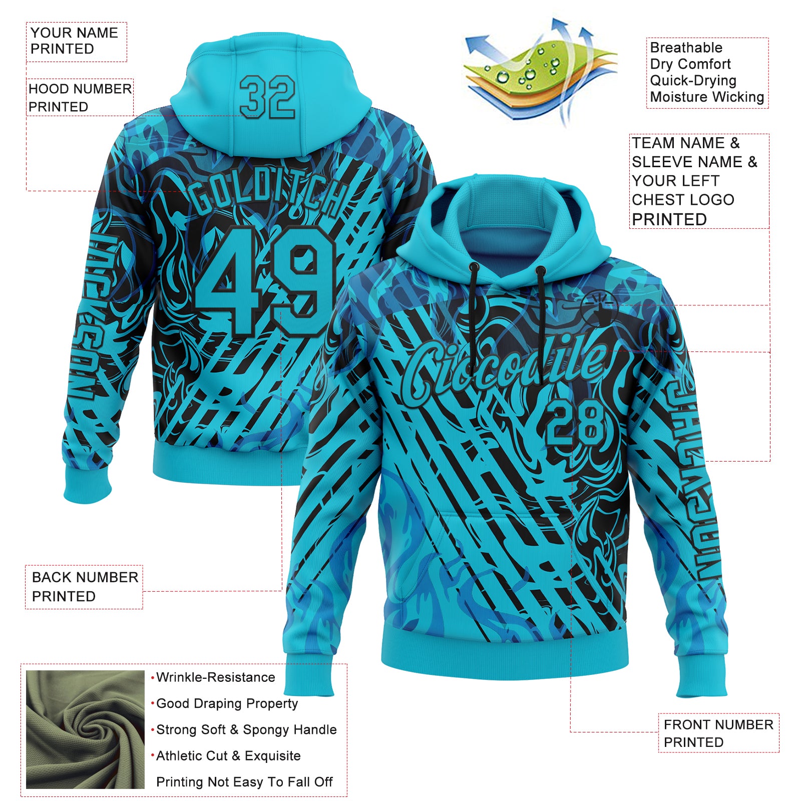 Custom Lakes Blue Black 3D Abstract Flame Sports Pullover Sweatshirt Hoodie