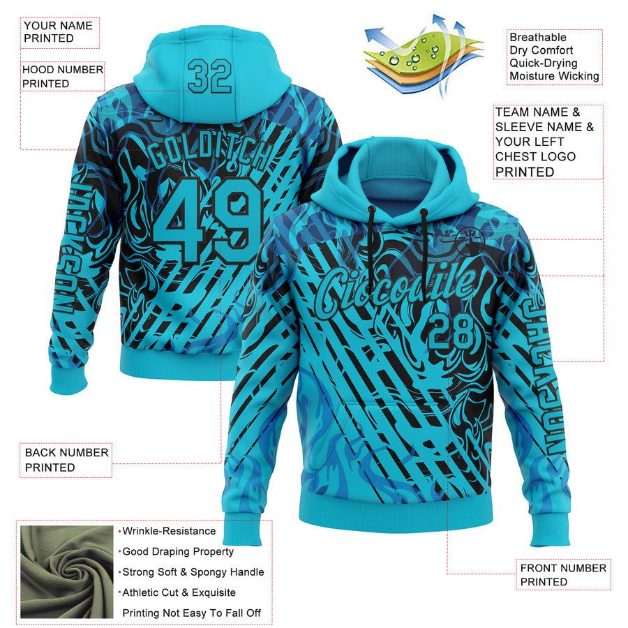 Custom Lakes Blue Black 3D Abstract Flame Sports Pullover Sweatshirt Hoodie