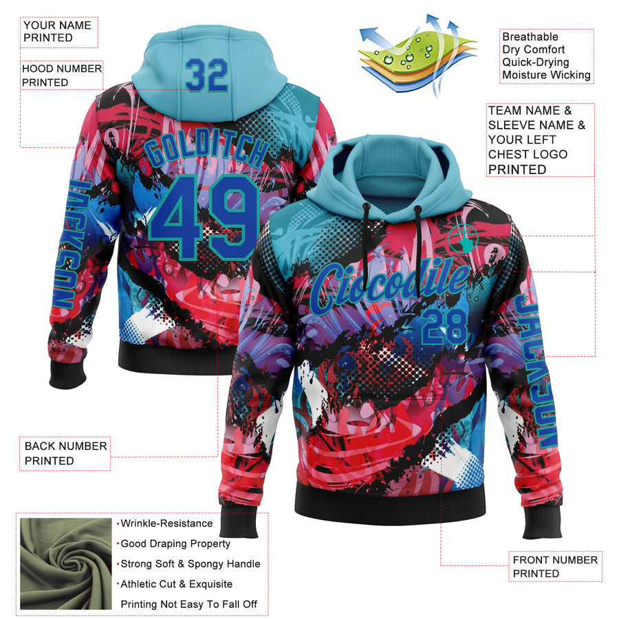 Custom Black Thunder Blue Red-Aqua 3D Abstract Flame Sports Pullover Sweatshirt Hoodie
