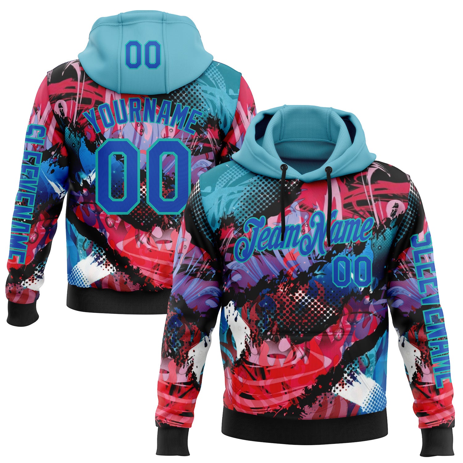 Custom Black Thunder Blue Red-Aqua 3D Abstract Flame Sports Pullover Sweatshirt Hoodie
