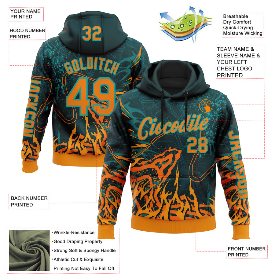 Custom Green Bay Orange-Aqua 3D Abstract Flame Sports Pullover Sweatshirt Hoodie