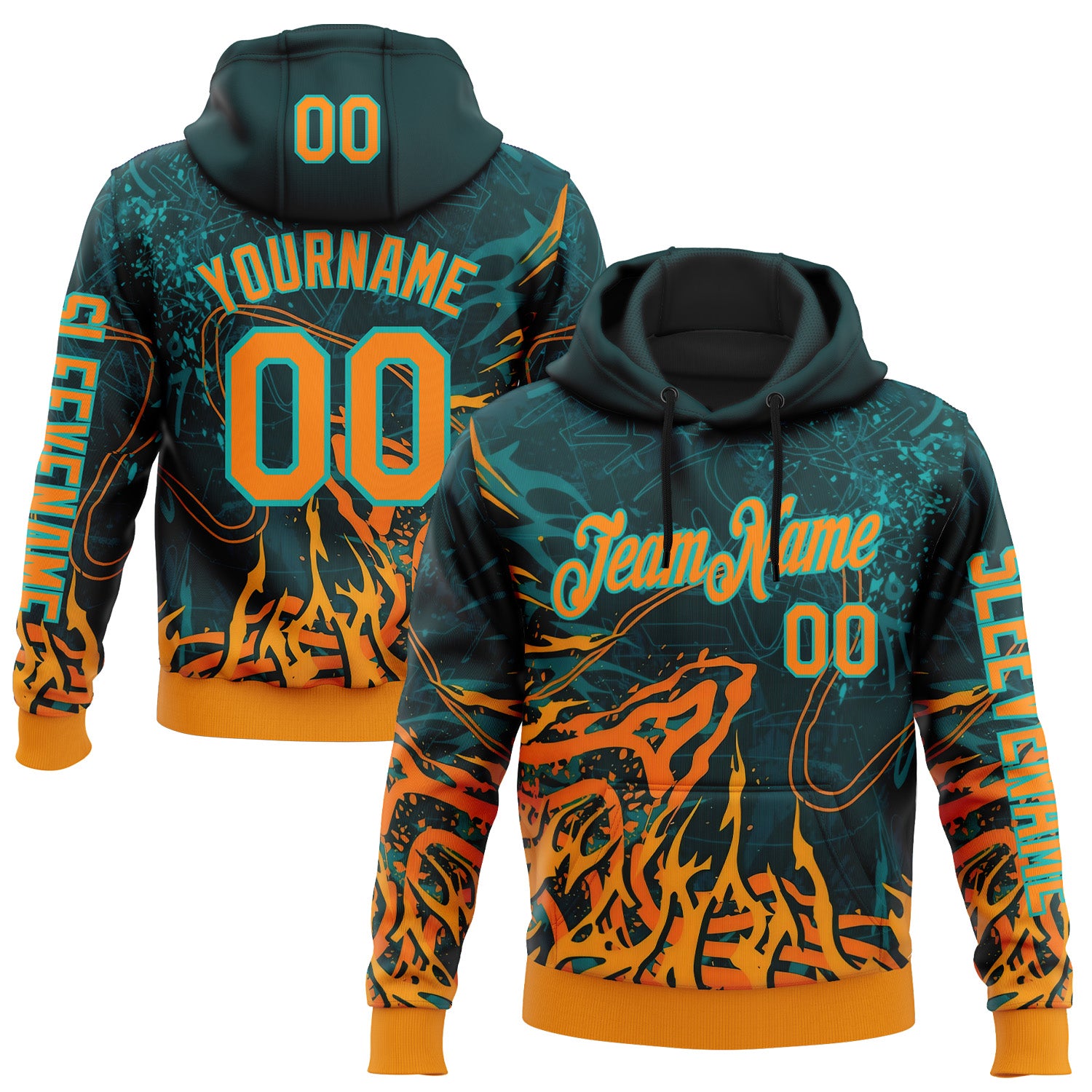 Custom Green Bay Orange-Aqua 3D Abstract Flame Sports Pullover Sweatshirt Hoodie