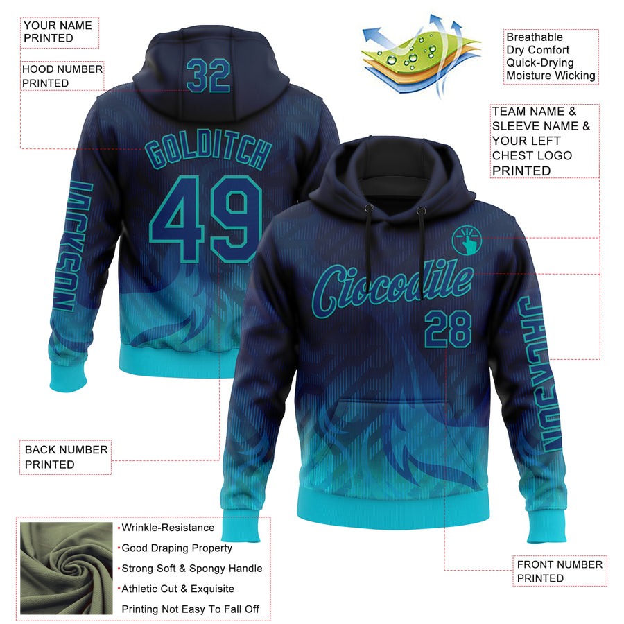 Custom Blue US Navy Blue-Aqua 3D Abstract Flame Sports Pullover Sweatshirt Hoodie