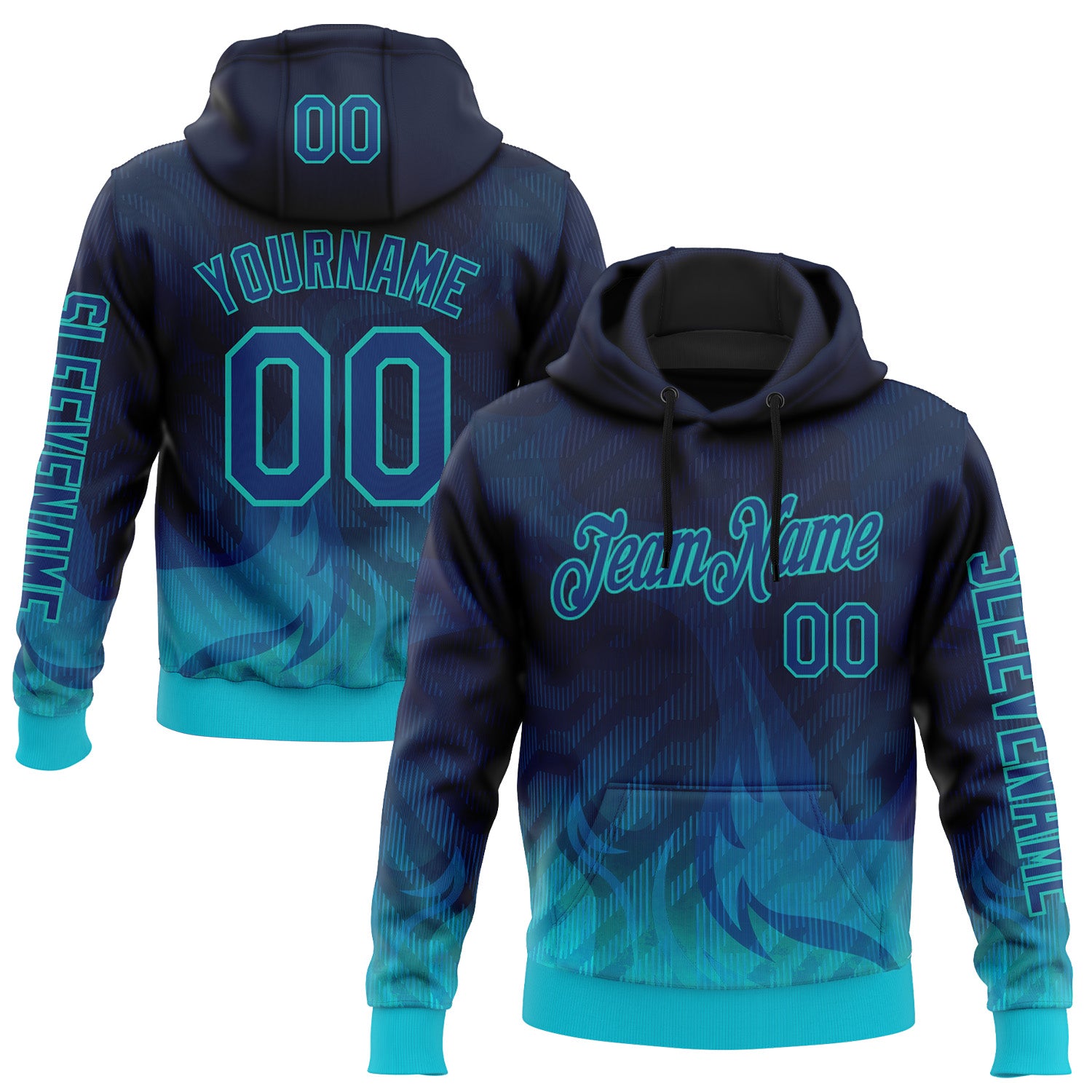 Custom Blue US Navy Blue-Aqua 3D Abstract Flame Sports Pullover Sweatshirt Hoodie