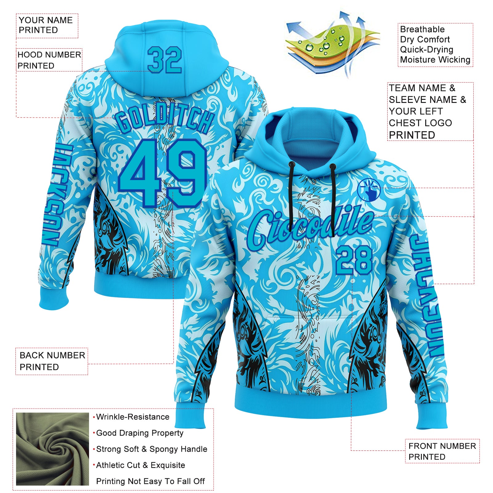 Custom Blue Thunder Blue Black-Lakes Blue 3D Abstract Flame Sports Pullover Sweatshirt Hoodie