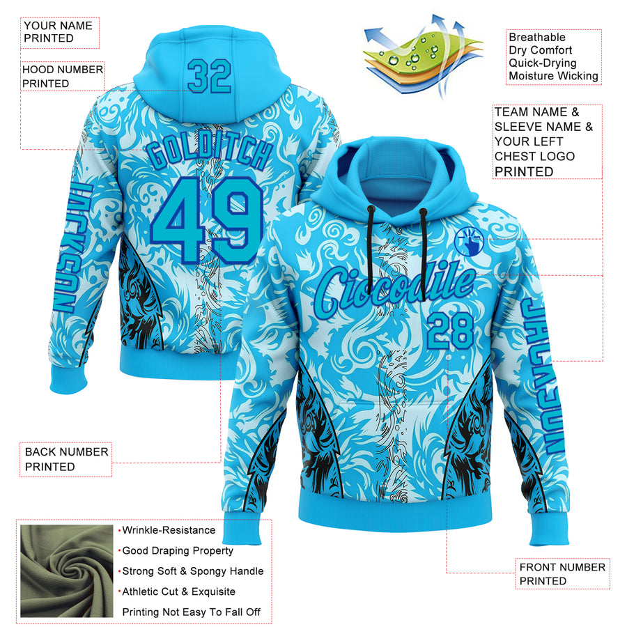 Custom Blue Thunder Blue Black-Lakes Blue 3D Abstract Flame Sports Pullover Sweatshirt Hoodie