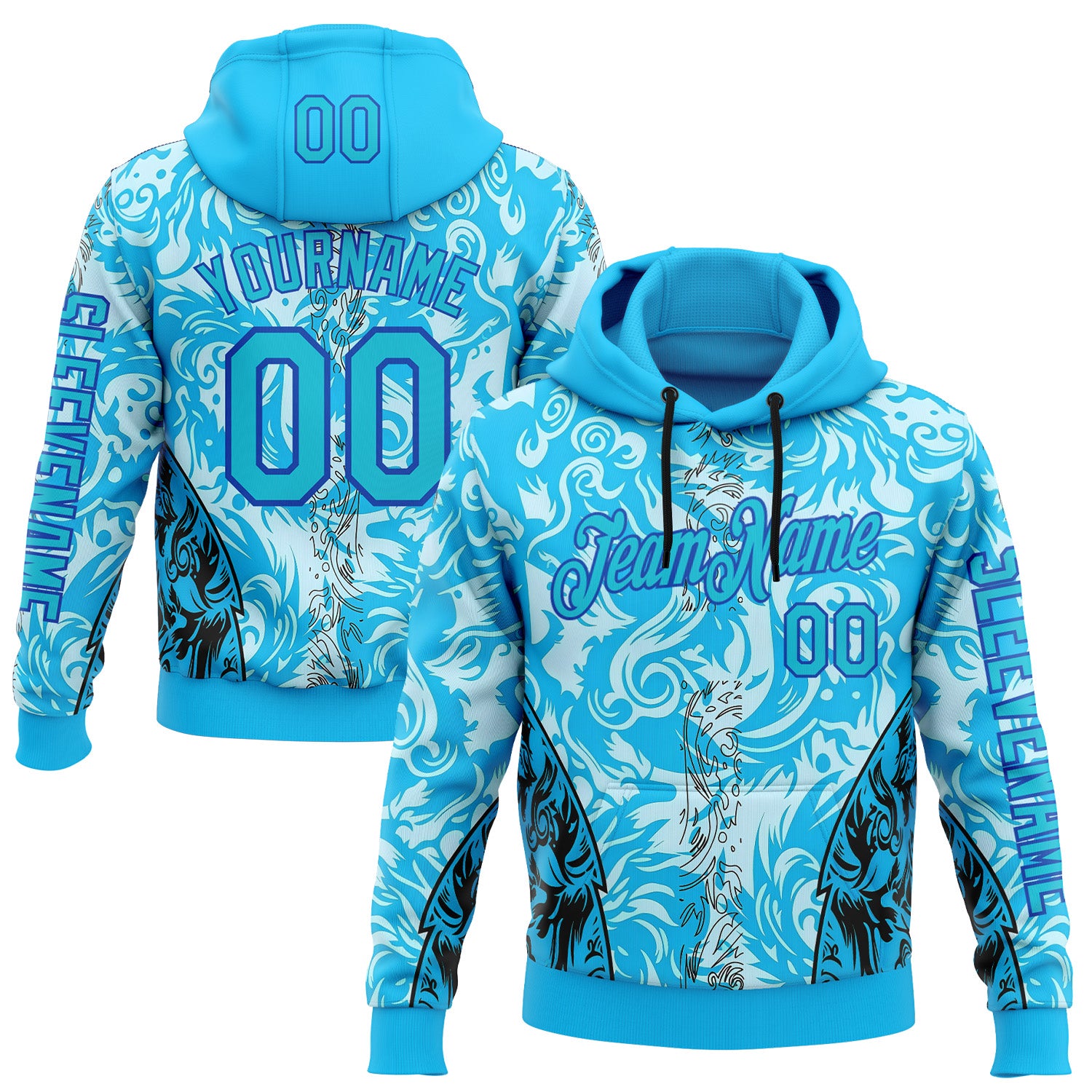 Custom Blue Thunder Blue Black-Lakes Blue 3D Abstract Flame Sports Pullover Sweatshirt Hoodie