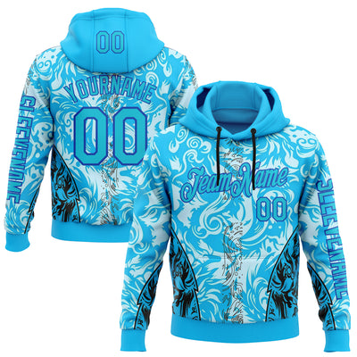 Custom Blue Thunder Blue Black-Lakes Blue 3D Abstract Flame Sports Pullover Sweatshirt Hoodie