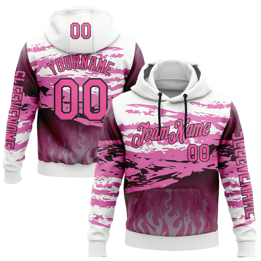 Custom White Pink-Black 3D Abstract Flame Sports Pullover Sweatshirt Hoodie