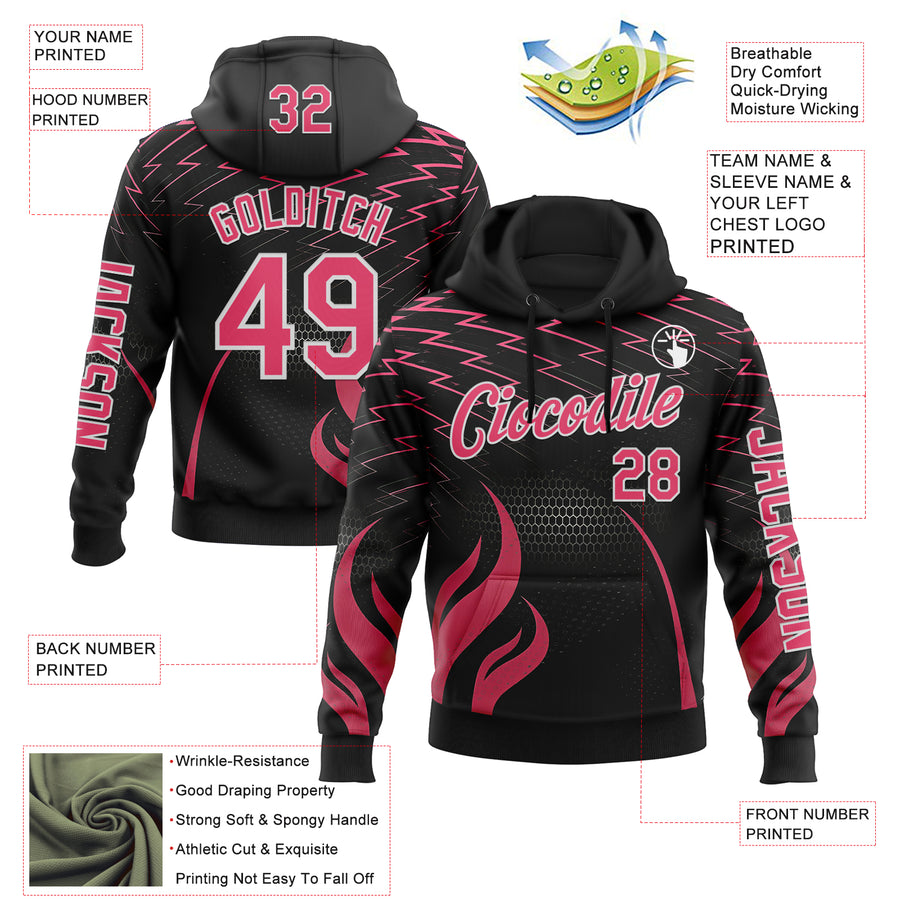 Custom Black Neon Pink-White 3D Abstract Flame Sports Pullover Sweatshirt Hoodie