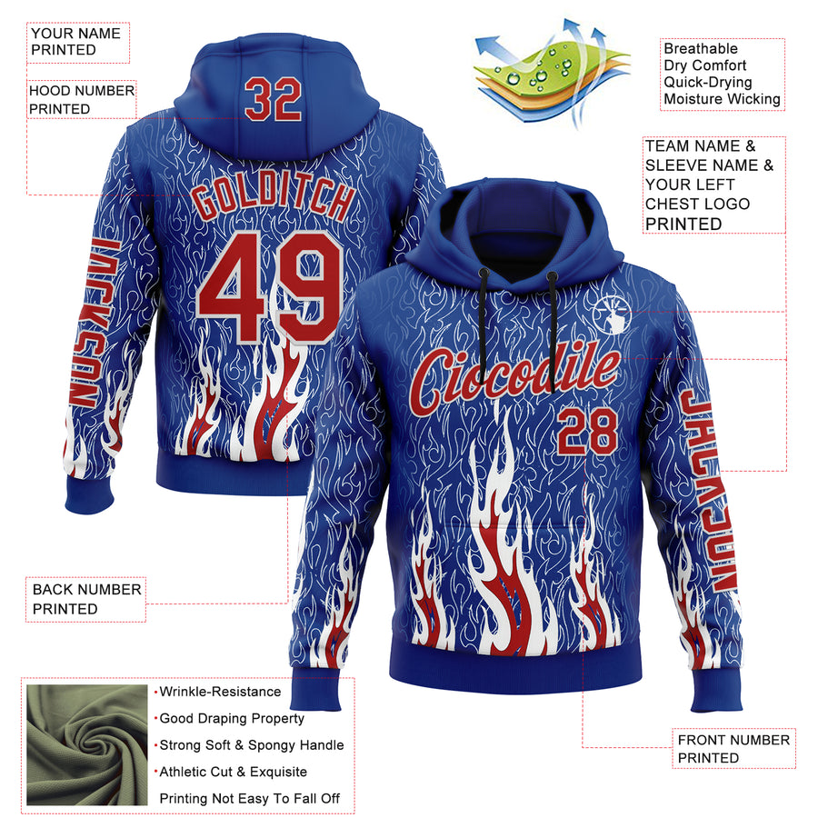 Custom Royal Red-White 3D Abstract Flame Sports Pullover Sweatshirt Hoodie