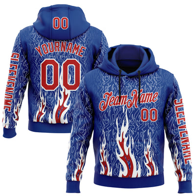 Custom Royal Red-White 3D Abstract Flame Sports Pullover Sweatshirt Hoodie