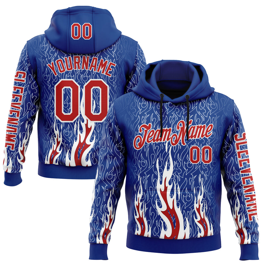 Custom Royal Red-White 3D Abstract Flame Sports Pullover Sweatshirt Hoodie