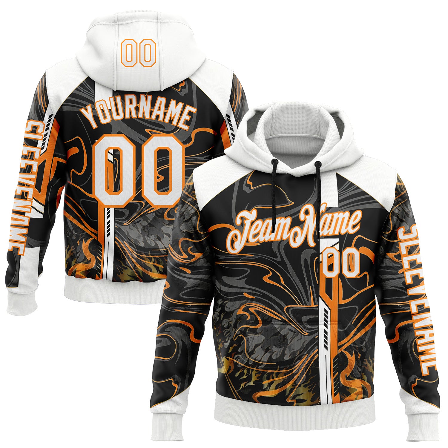 Custom Black White-Bay Orange 3D Abstract Flame Sports Pullover Sweatshirt Hoodie