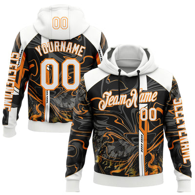 Custom Black White-Bay Orange 3D Abstract Flame Sports Pullover Sweatshirt Hoodie