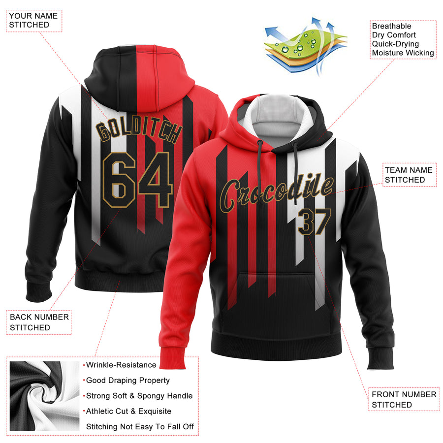 Custom Stitched Red Black Old Gold-White 3D Pattern Design Sports Pullover Sweatshirt Hoodie