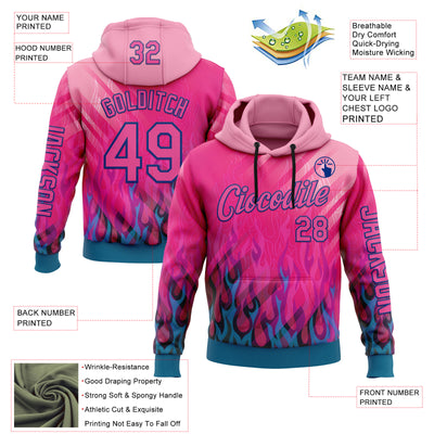 Custom Pink Blue-Royal 3D Abstract Flame Sports Pullover Sweatshirt Hoodie