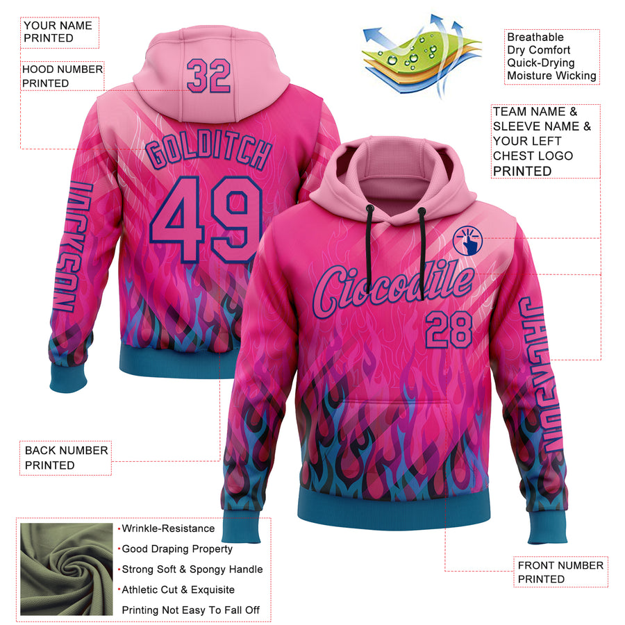 Custom Pink Blue-Royal 3D Abstract Flame Sports Pullover Sweatshirt Hoodie