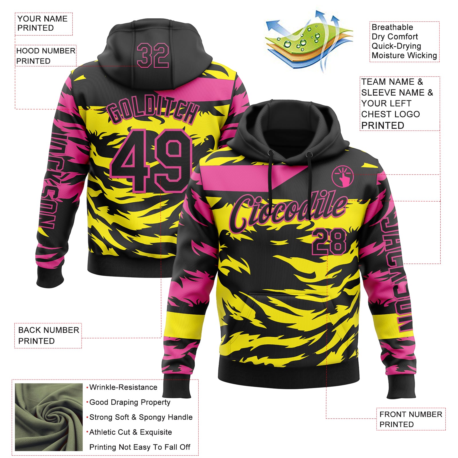 Custom Black Light Yellow-Pink 3D Abstract Flame Sports Pullover Sweatshirt Hoodie