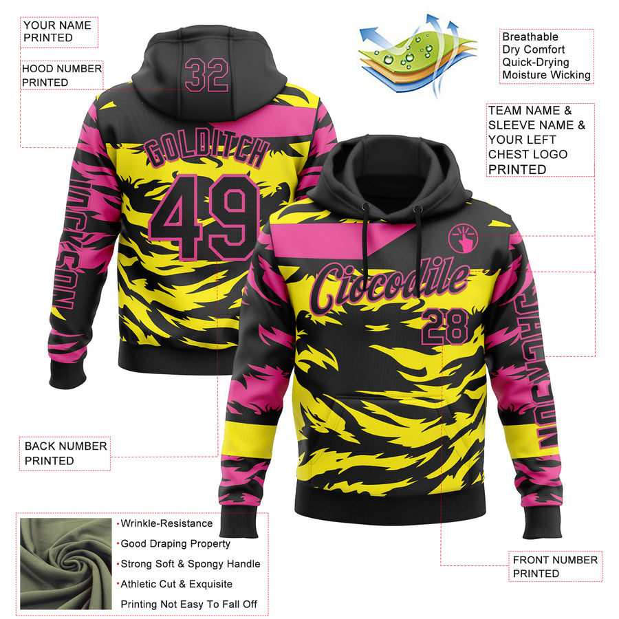 Custom Black Light Yellow-Pink 3D Abstract Flame Sports Pullover Sweatshirt Hoodie