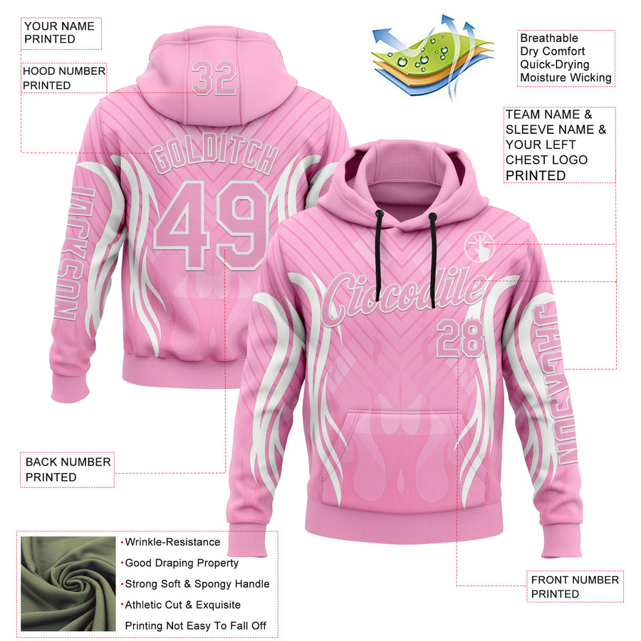 Custom Light Pink White 3D Abstract Flame Sports Pullover Sweatshirt Hoodie