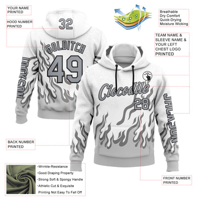 Custom White Gray-Black 3D Abstract Flame Sports Pullover Sweatshirt Hoodie