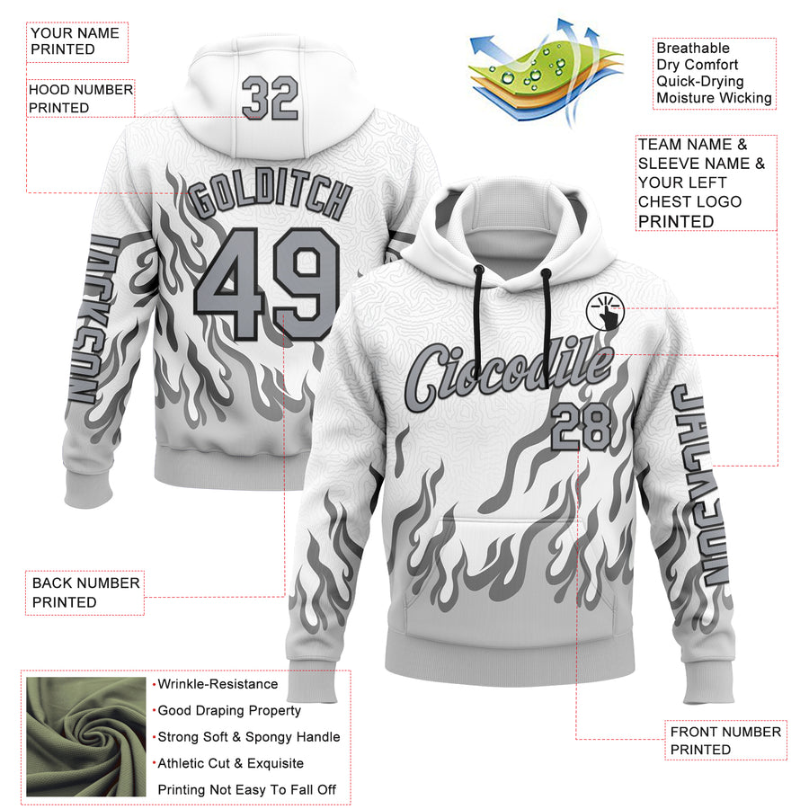 Custom White Gray-Black 3D Abstract Flame Sports Pullover Sweatshirt Hoodie