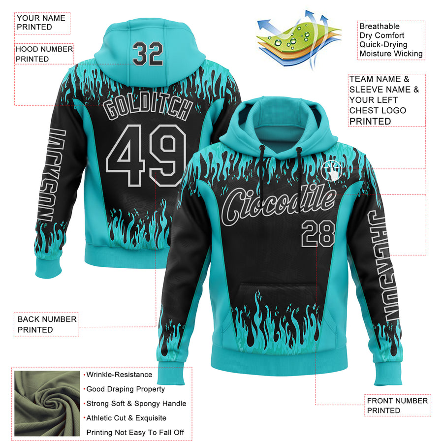 Custom Blue Black-White 3D Abstract Flame Sports Pullover Sweatshirt Hoodie