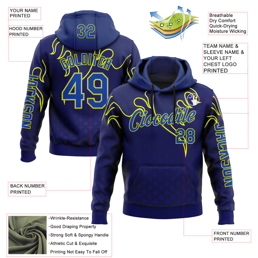 Custom Royal Thunder Blue-Yellow 3D Abstract Flame Sports Pullover Sweatshirt Hoodie