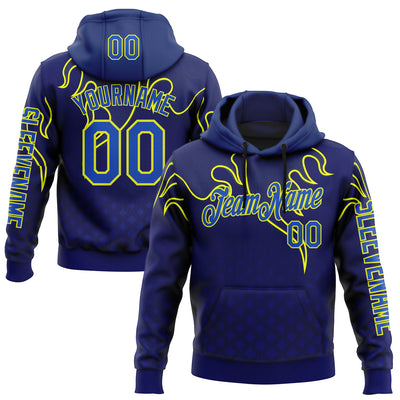 Custom Royal Thunder Blue-Yellow 3D Abstract Flame Sports Pullover Sweatshirt Hoodie