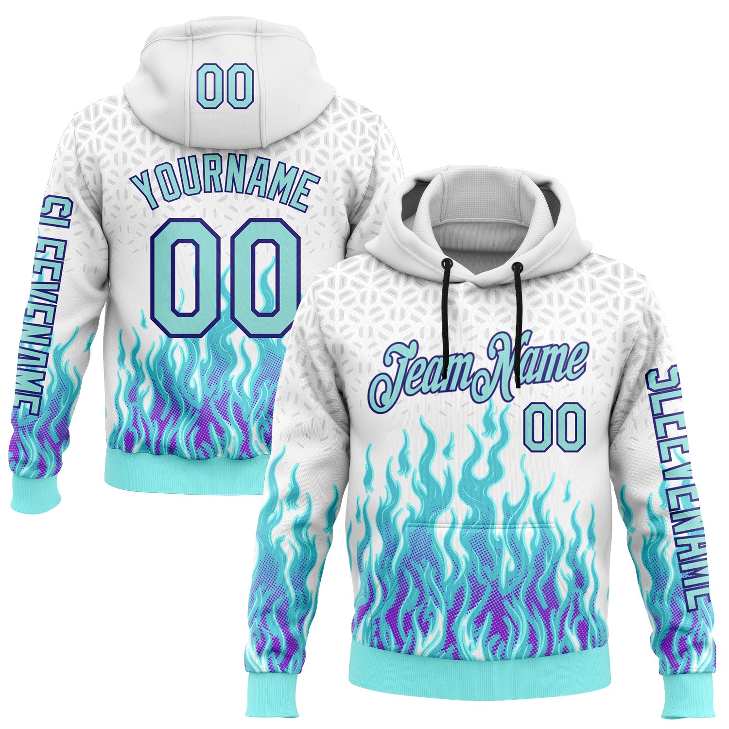 Custom White Ice Blue-Dark Purple 3D Abstract Flame Sports Pullover Sweatshirt Hoodie