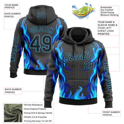 Custom Black Sky Blue 3D Abstract Flame Sports Pullover Sweatshirt Hoodie