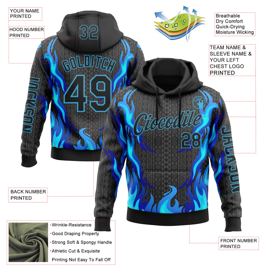 Custom Black Sky Blue 3D Abstract Flame Sports Pullover Sweatshirt Hoodie