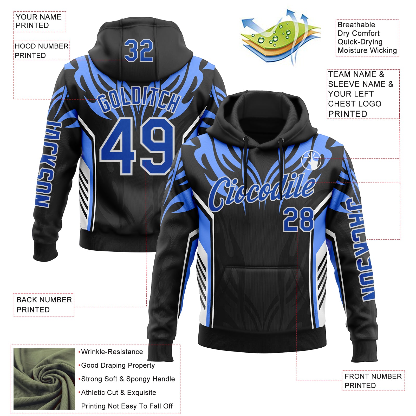 Custom Black Thunder Blue-White 3D Abstract Flame Sports Pullover Sweatshirt Hoodie
