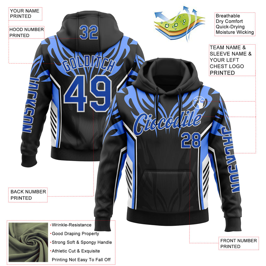 Custom Black Thunder Blue-White 3D Abstract Flame Sports Pullover Sweatshirt Hoodie