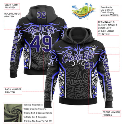 Custom Black Dark Purple Gray-White 3D Abstract Flame Sports Pullover Sweatshirt Hoodie