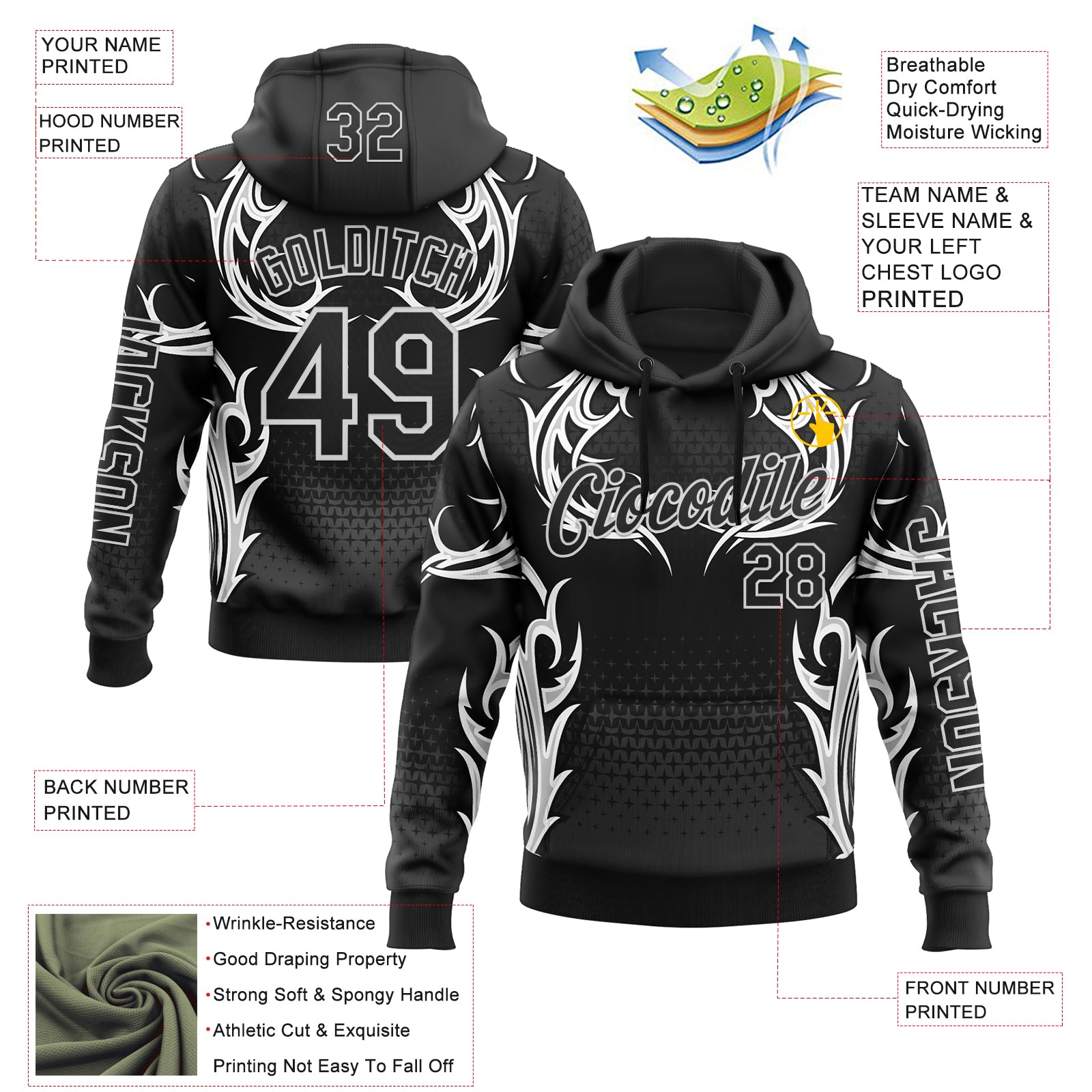 Custom Black White 3D Abstract Flame Sports Pullover Sweatshirt Hoodie
