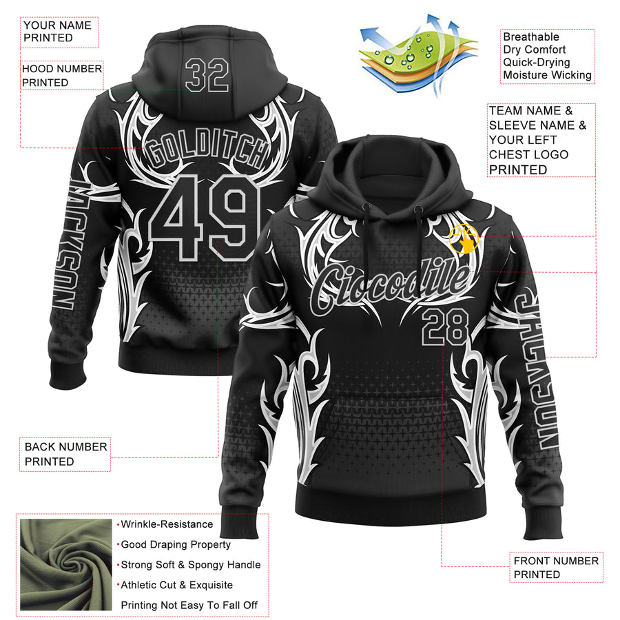 Custom Black White 3D Abstract Flame Sports Pullover Sweatshirt Hoodie