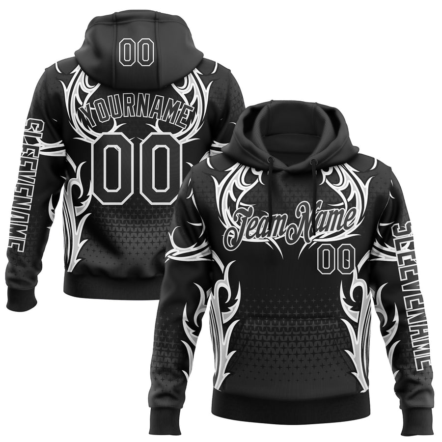 Custom Black White 3D Abstract Flame Sports Pullover Sweatshirt Hoodie