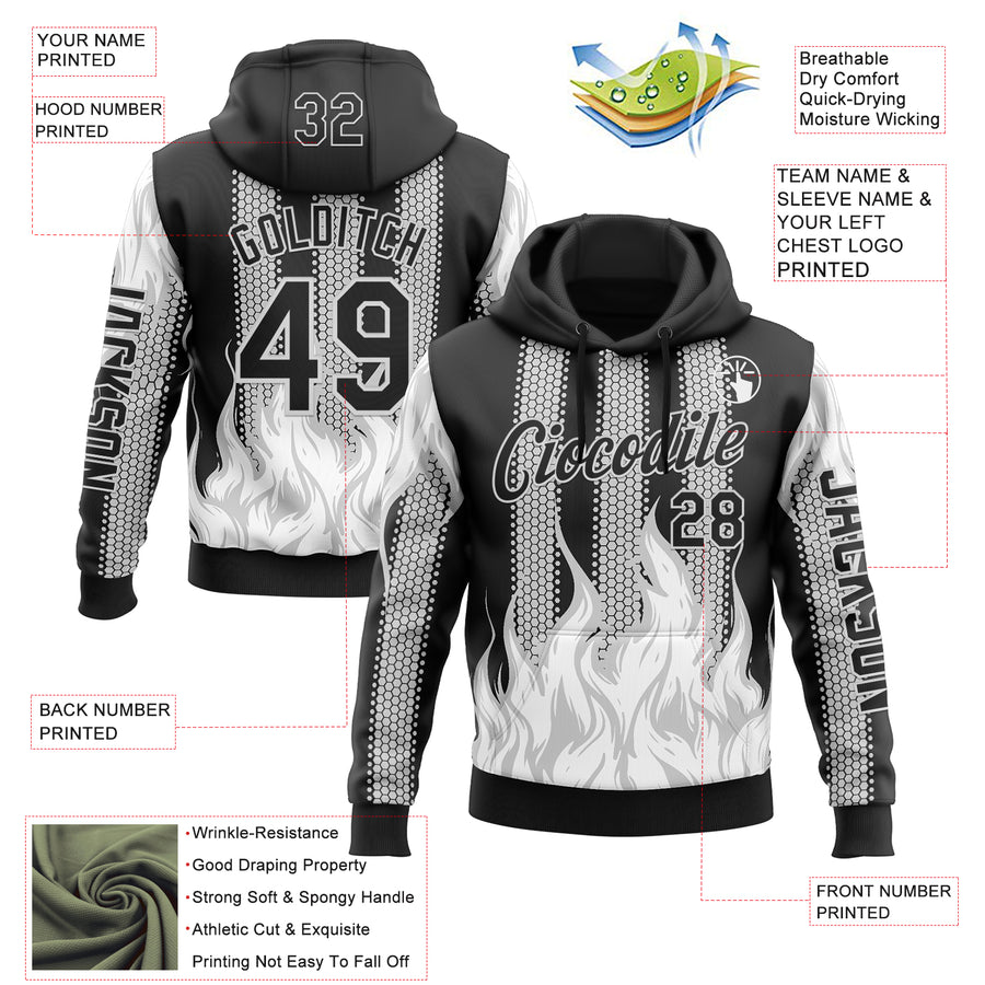 Custom Black White 3D Abstract Flame Sports Pullover Sweatshirt Hoodie