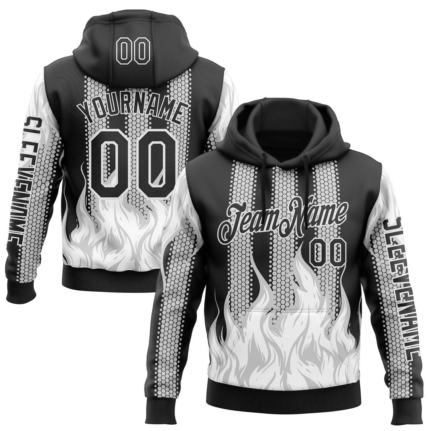 Custom Black White 3D Abstract Flame Sports Pullover Sweatshirt Hoodie