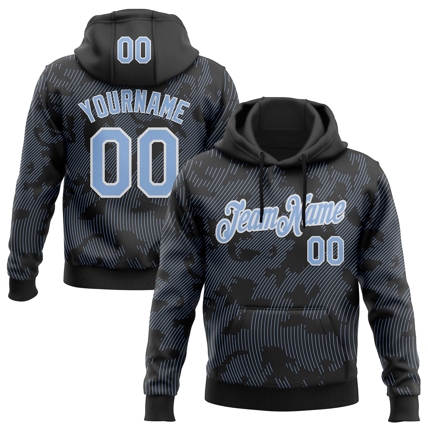 Custom Stitched Black Light Blue-White Curve Lines Sports Pullover Sweatshirt Hoodie