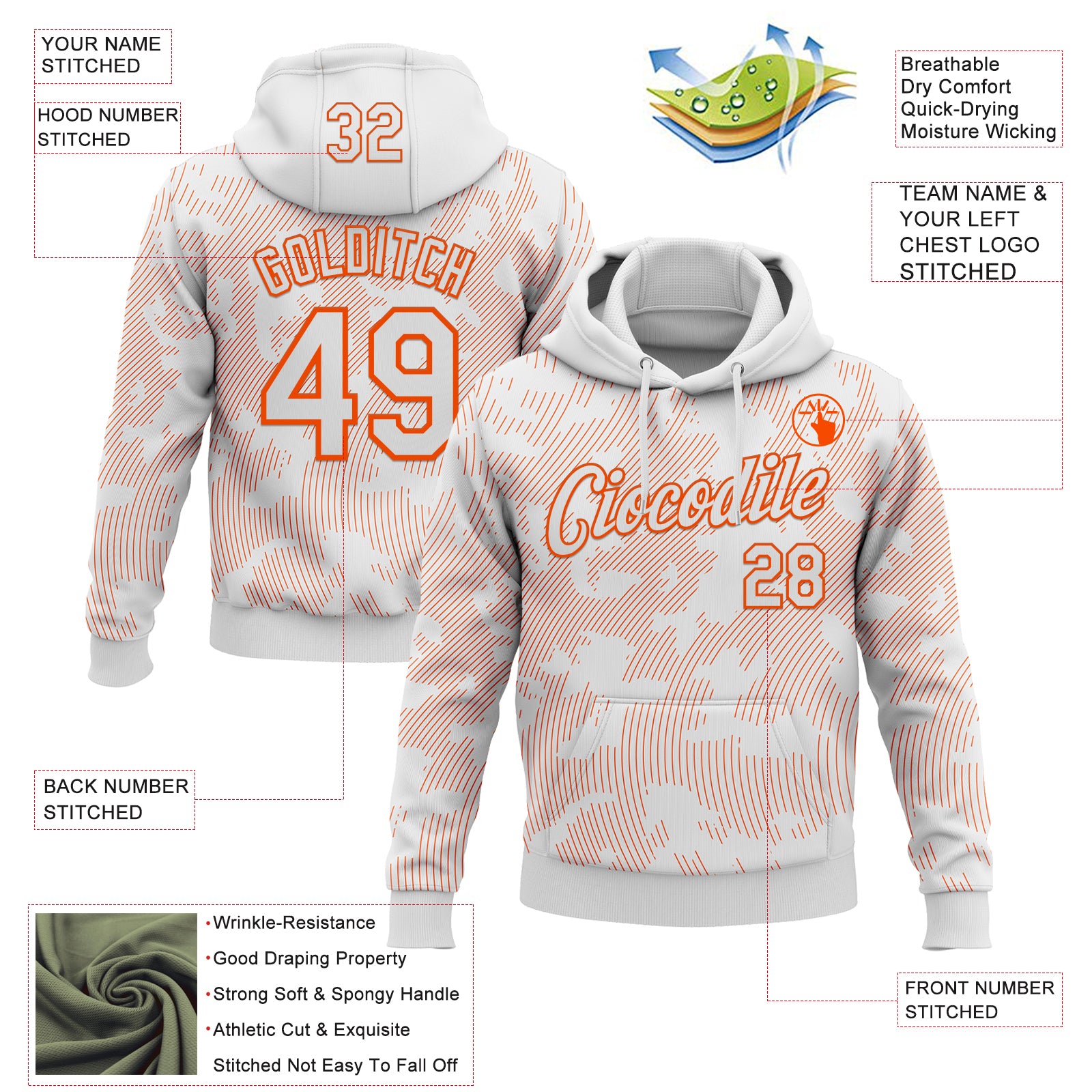 Custom Stitched White Orange Curve Lines Sports Pullover Sweatshirt Hoodie