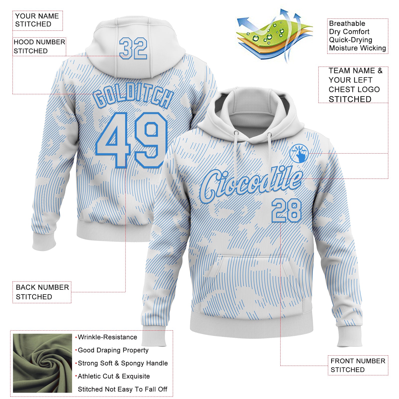Custom Stitched White Powder Blue Curve Lines Sports Pullover Sweatshirt Hoodie
