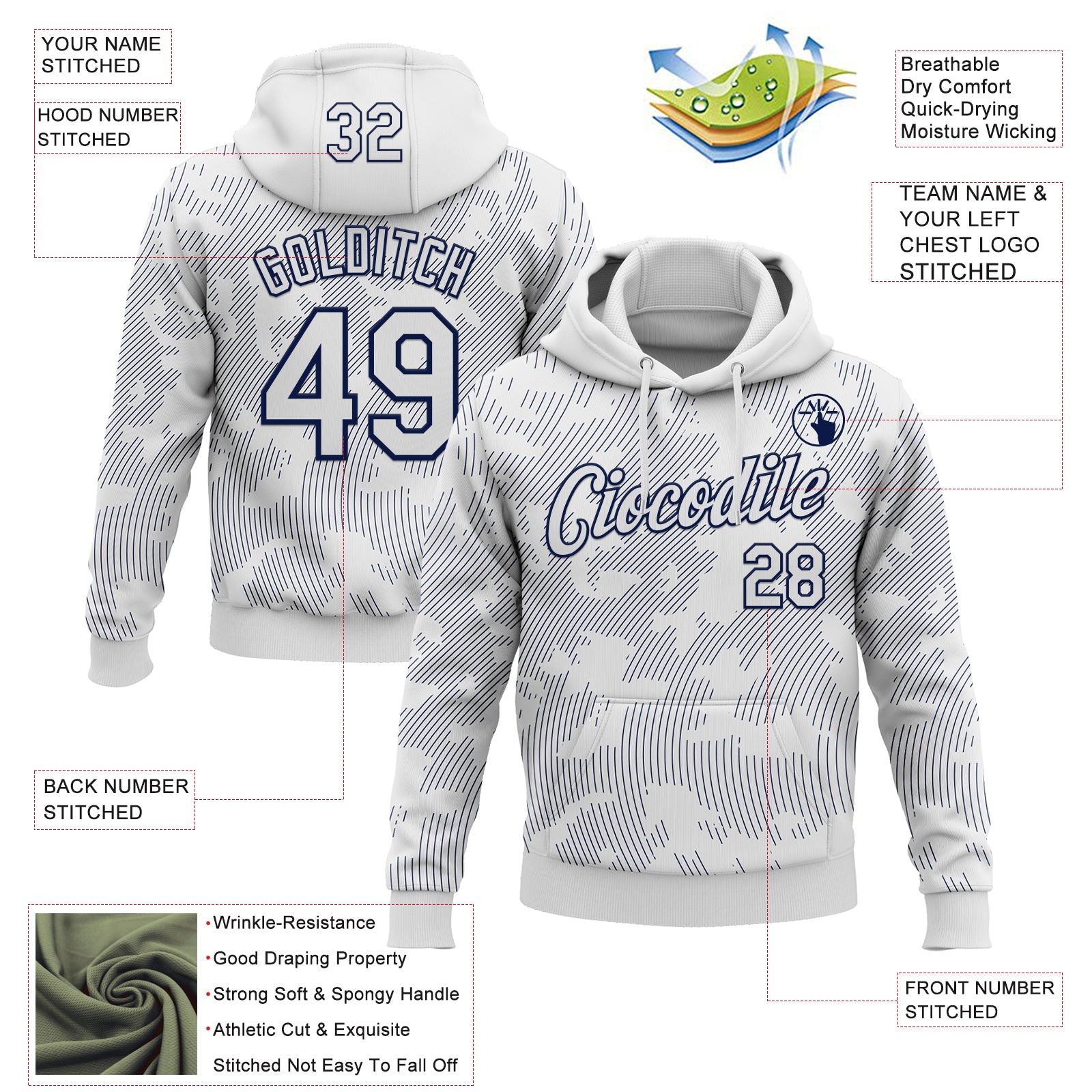 Custom Stitched White Navy Curve Lines Sports Pullover Sweatshirt Hoodie