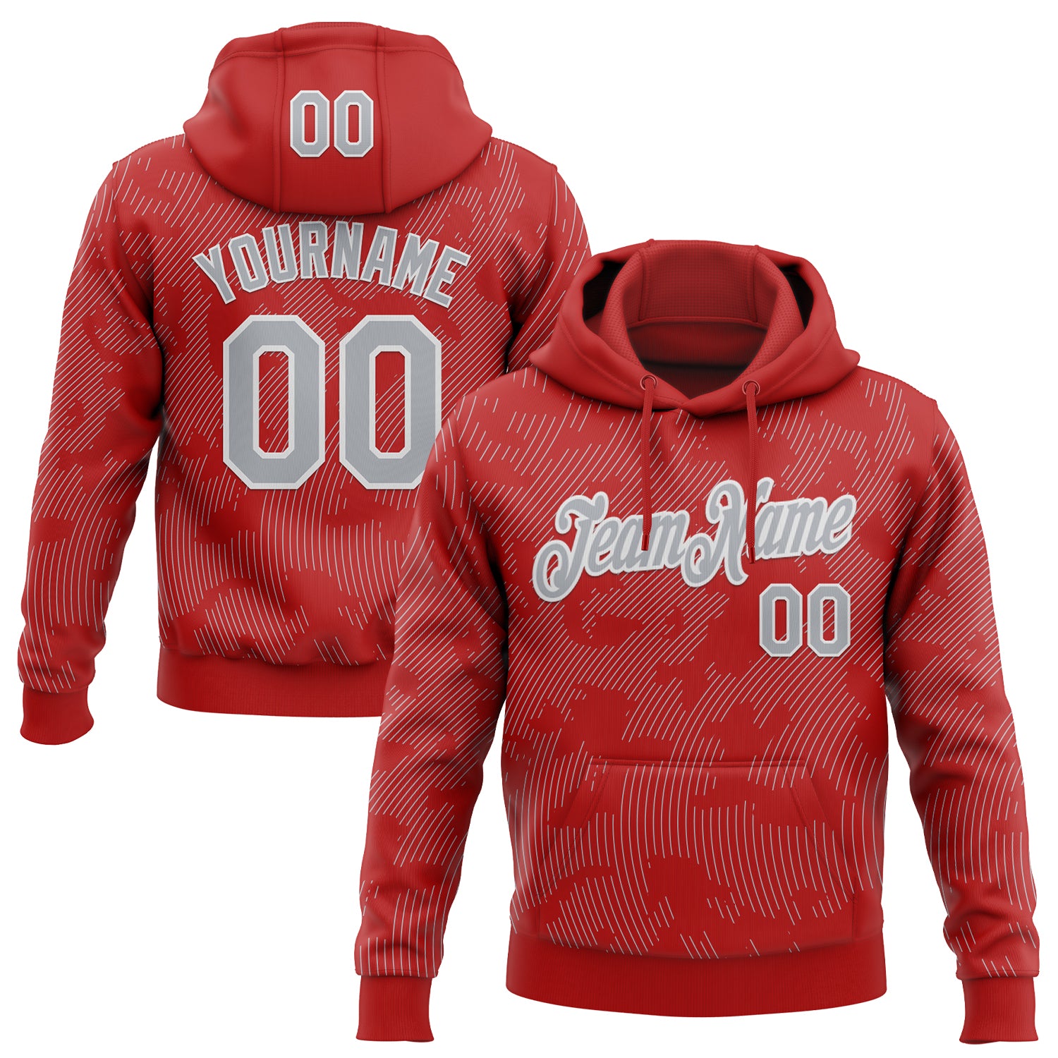Custom Stitched Red Gray-White Curve Lines Sports Pullover Sweatshirt Hoodie