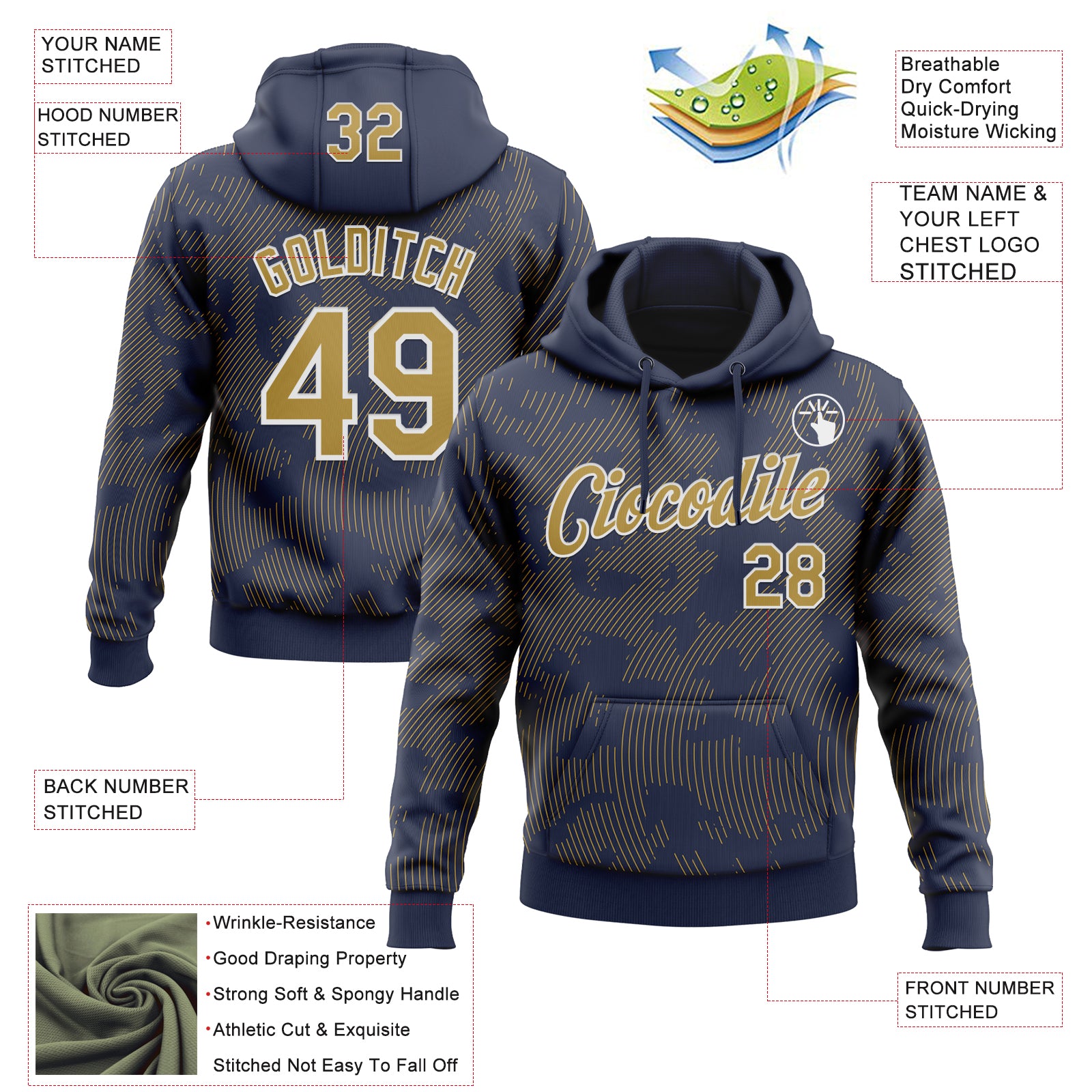 Custom Stitched Navy Old Gold-White Curve Lines Sports Pullover Sweatshirt Hoodie