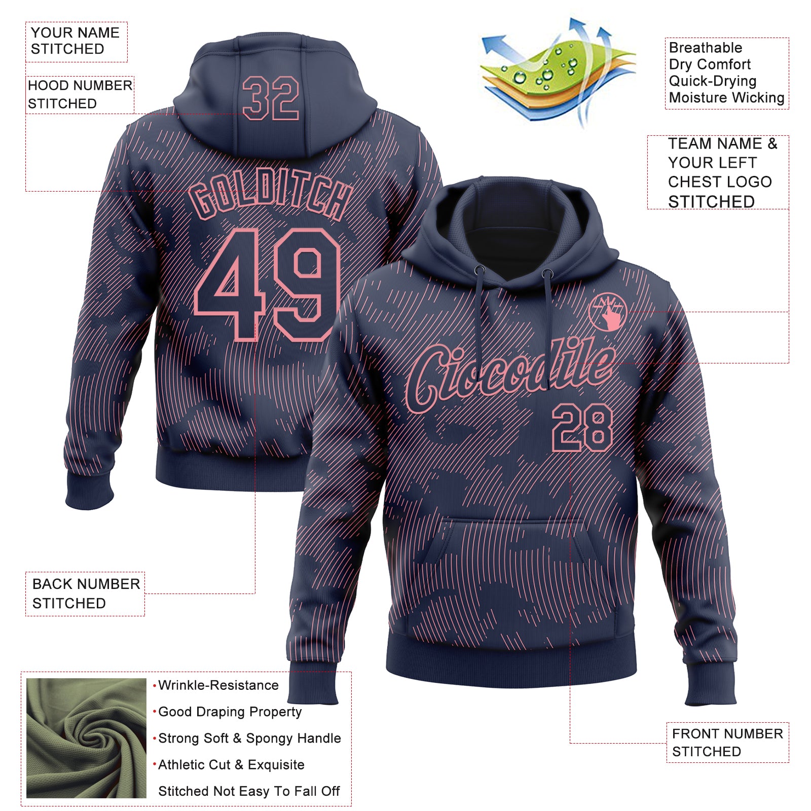 Custom Stitched Navy Medium Pink Curve Lines Sports Pullover Sweatshirt Hoodie