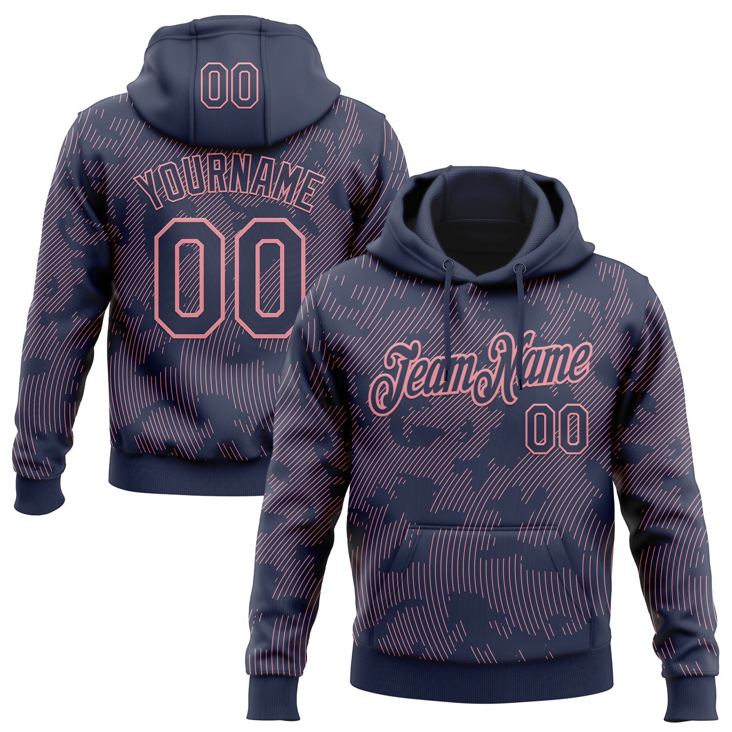 Custom Stitched Navy Medium Pink Curve Lines Sports Pullover Sweatshirt Hoodie